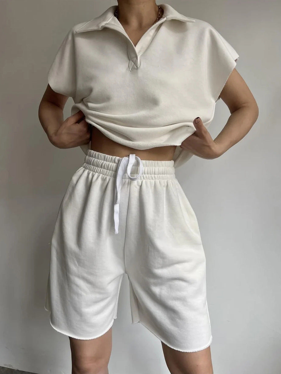 Lapel-collar Full-sleeve Loose Top And Drawstring Shorts Set