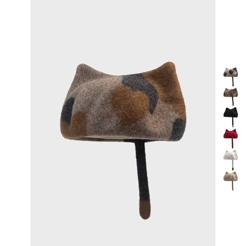 Cute Little Tail Cat Ears Wool Beret Fashion Octagonal Cap