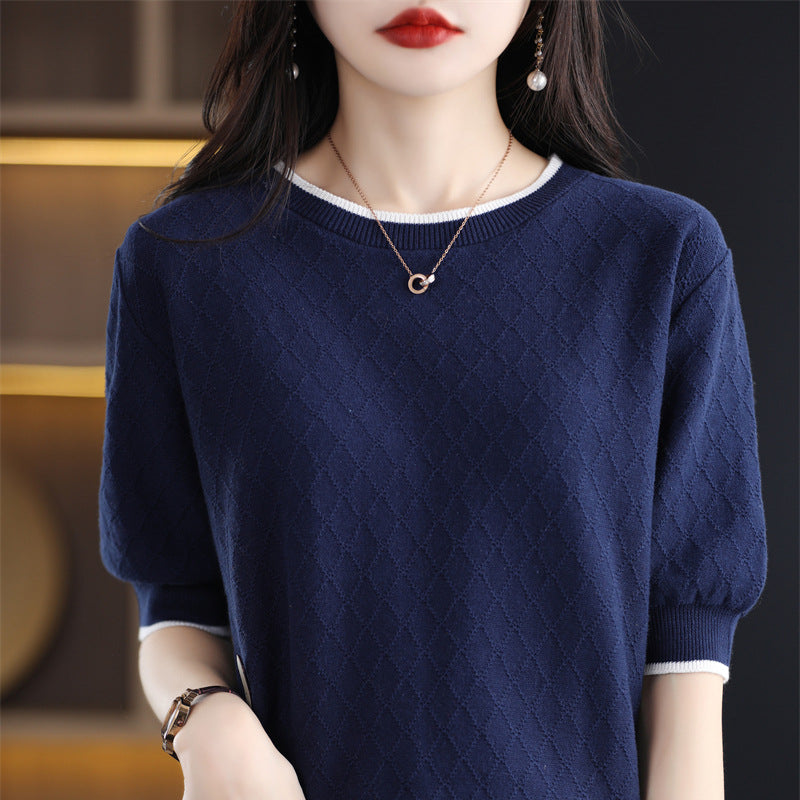 100 Cotton Knitted Short-sleeved Women's Loose Slimming Pullover Thin Bottoming T-shirt