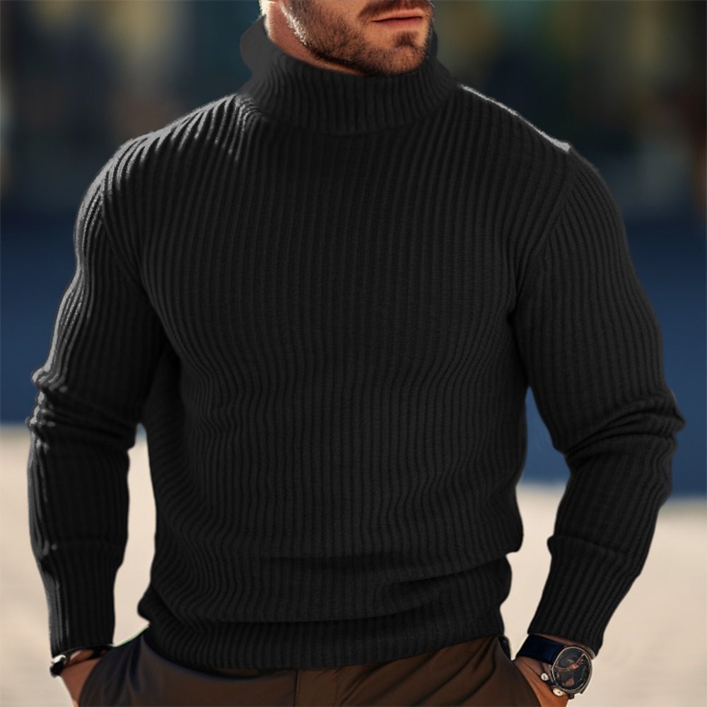 Efterår Og Vinter Turtleneck Ensfarvet Stribet Sweater Mænd
