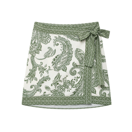 American Style Lace-up Bow Decorative Printed Sarong Skirt