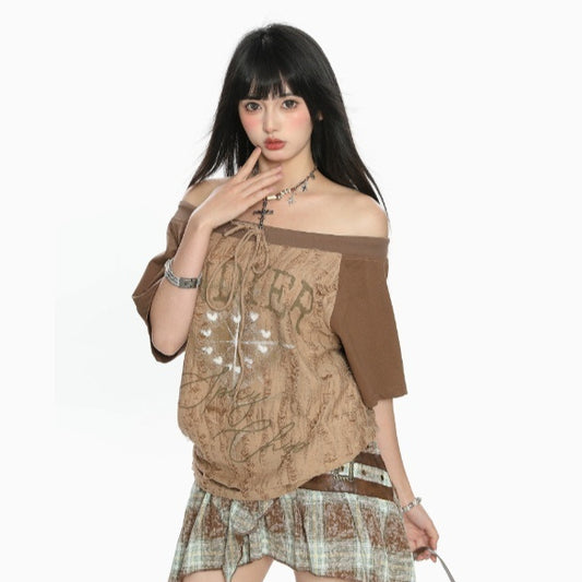 Off-shoulder Short Sleeve Slimming And Shoulder Hollow Top For Women