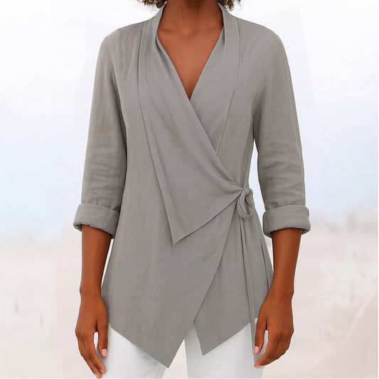 Women's Autumn And Winter V-neck Cotton And Linen Solid Color Shirt