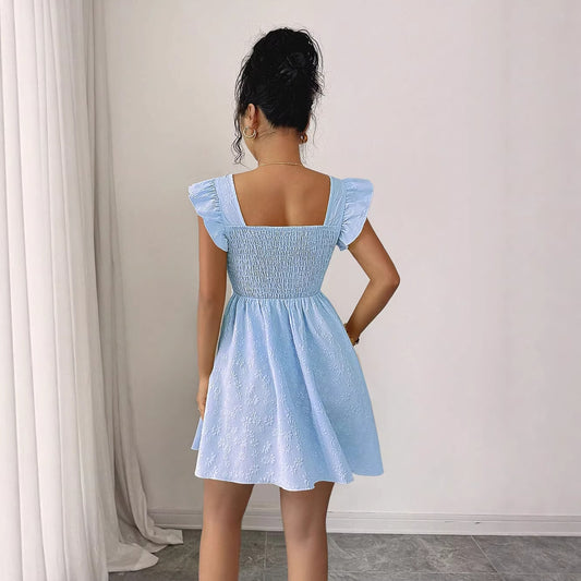 Sweet And Fresh High-Neck Pullover Jacquard Waist-Cinching Dress