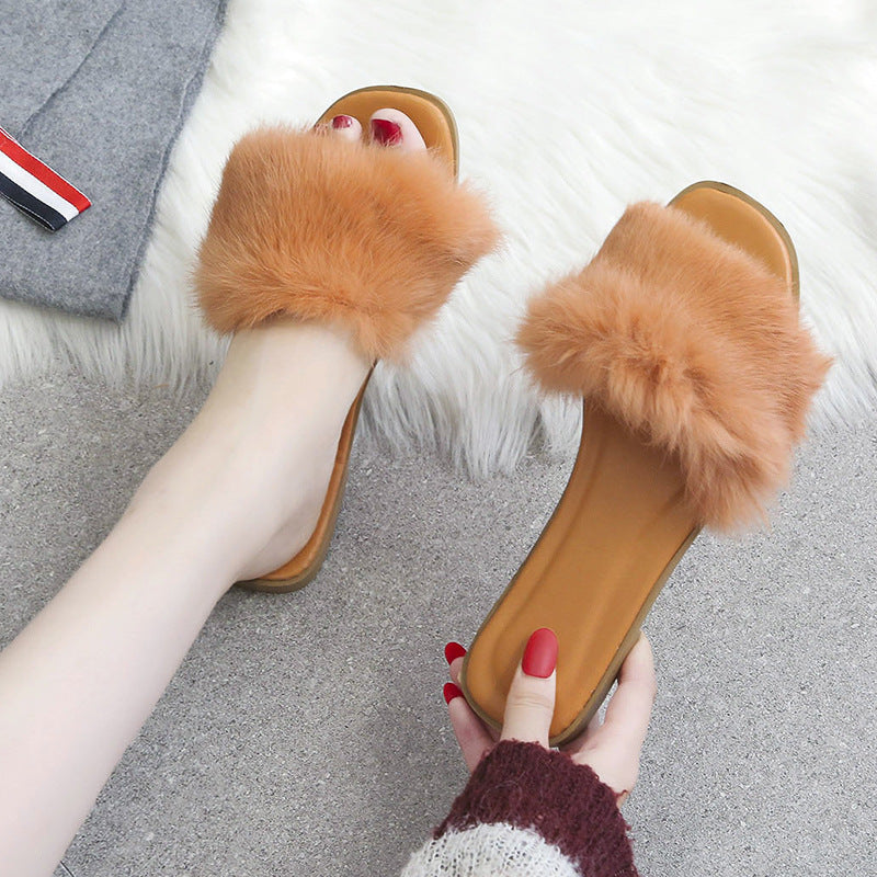 Fashion Rabbit Fur Flat Women's Slippers Plus Size