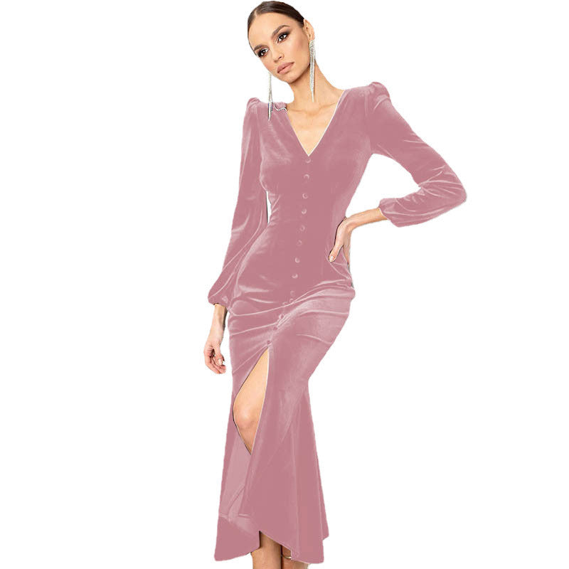 Knitted V-neck Padded-shoulder Long-sleeve Dress