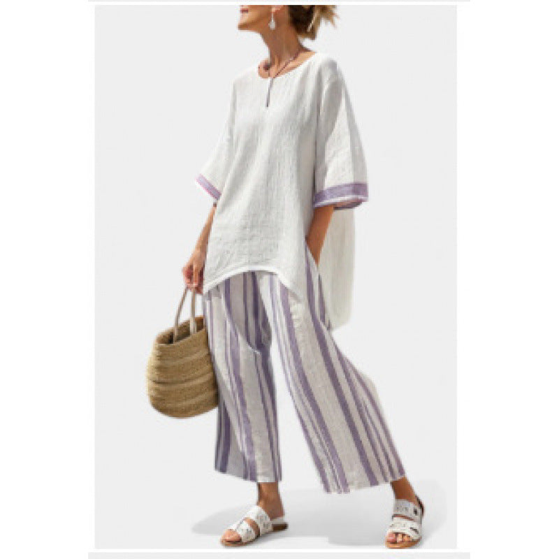 Fashionable Loose Crew-Neck Printed Short-Sleeve Shirt And Pants Set
