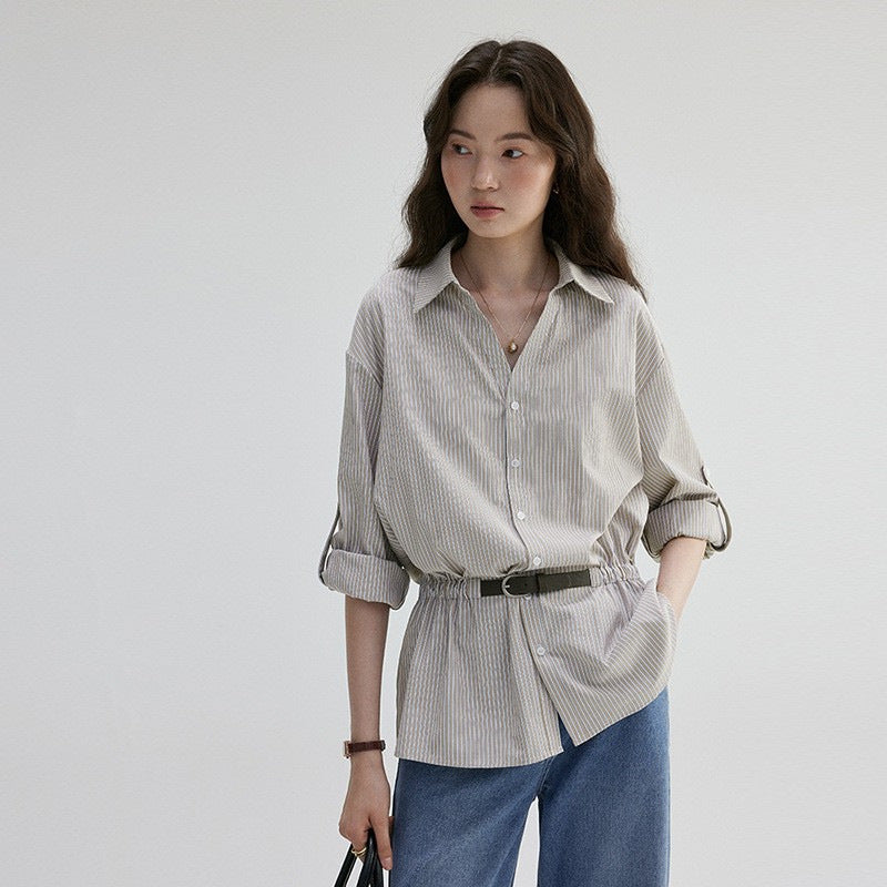 V-neck Waist-cinching Striped Loose Shirt For Women