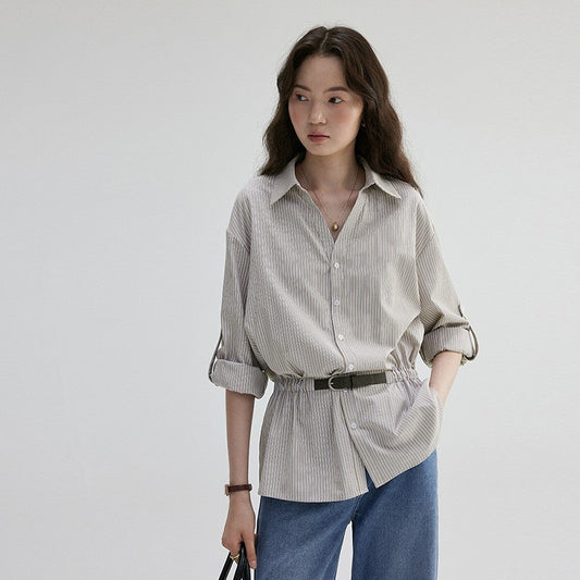 V-neck Waist-cinching Striped Loose Shirt For Women