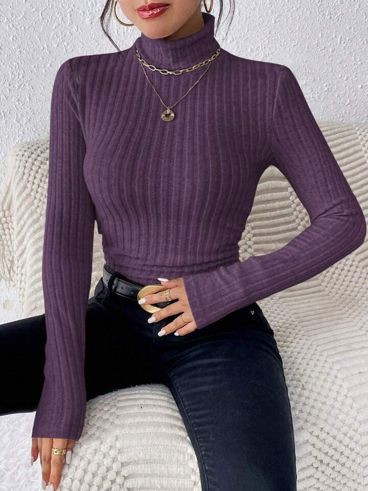 Autumn And Winter V-neck Long Sleeve Brushed Sunken Stripe Knitted Top