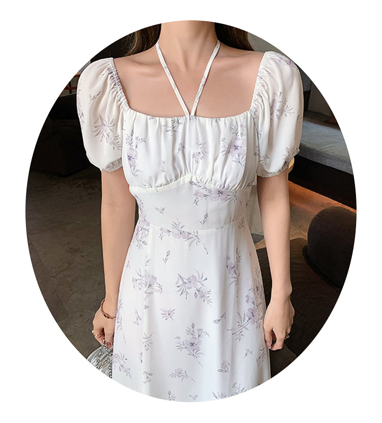 French Square Neck Retro Floral Dress For Women