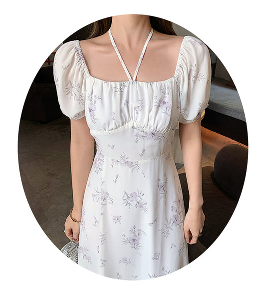 French Square Neck Retro Floral Dress For Women