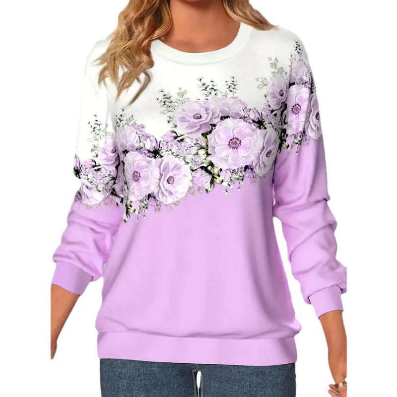 Damebeklædning Rund Hals Langærmet Blomstret 3D-printet Pullover Sweatshirt