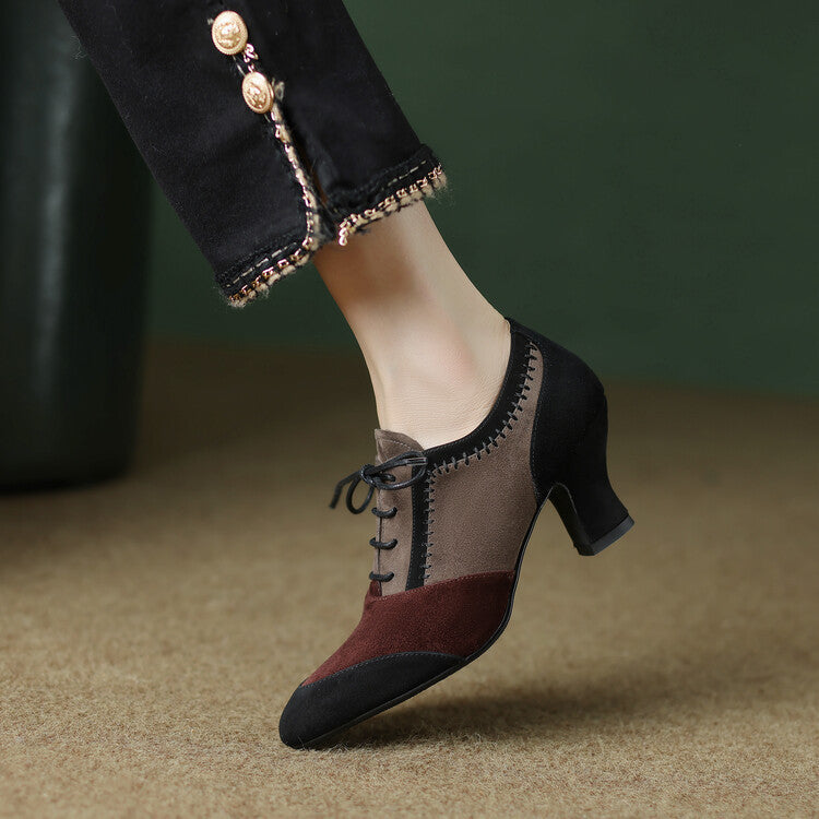 Front Tie Deep Opening Color-blocking Retro High-heel Leather Shoes