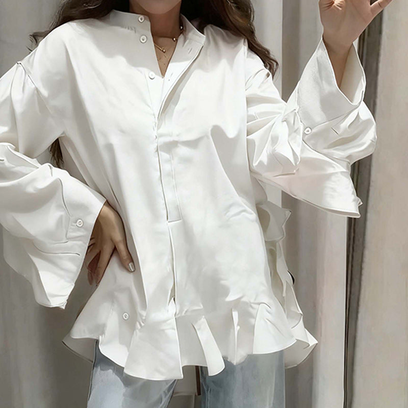 Solid-color Top With Ruffled Hem, Stand-up Collar, And Batwing Sleeves