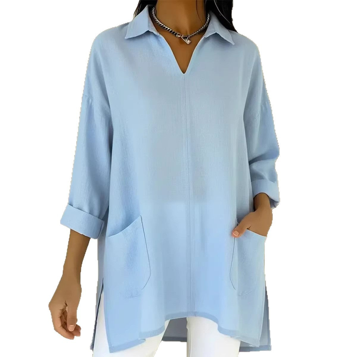 Womens Fashion Solid-color Pocket Shirt With A Loose-fitting Collar