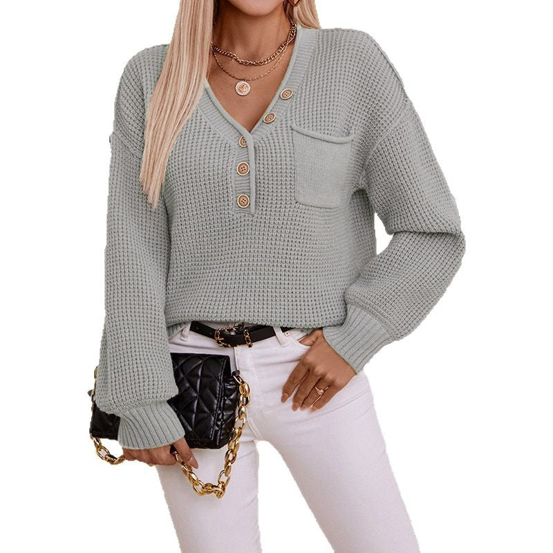 V-neck Buttons Solid Color Sweater For Women