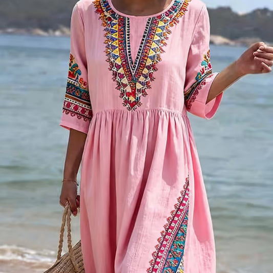 Women's Casual Round Neck Mid Sleeve Print Cotton And Linen Dress