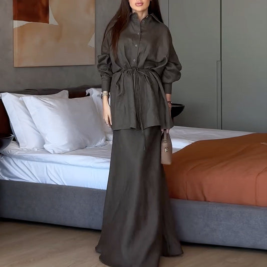 Fashionable Lapel Collar Loose-Fit Long-Sleeve Shirt And High-Waist Skirt Set