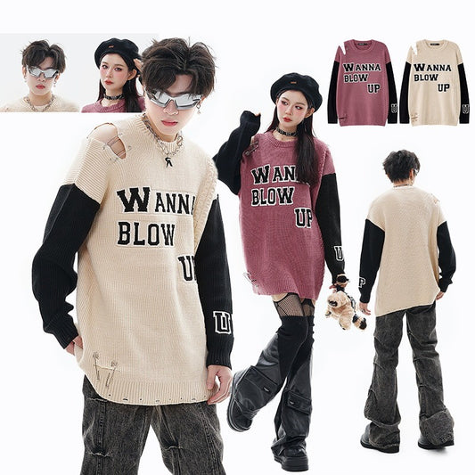 Ripped Pin Embroidered Letter Jacquard Knitted Sweater