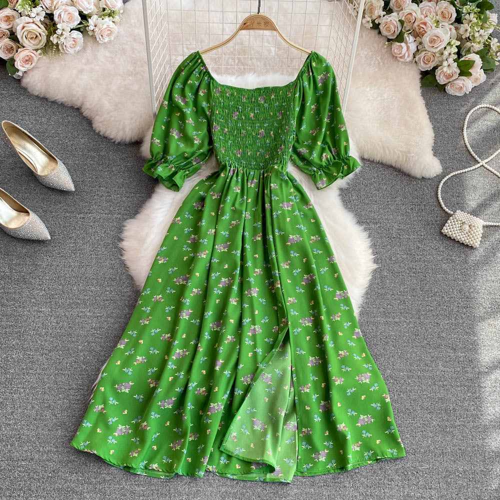 Bubble Short Sleeve Waist Wrapped Slim Split Dress