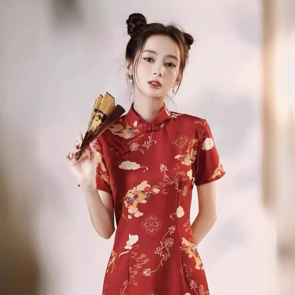 Womens Casual Retro Red Printed Dress