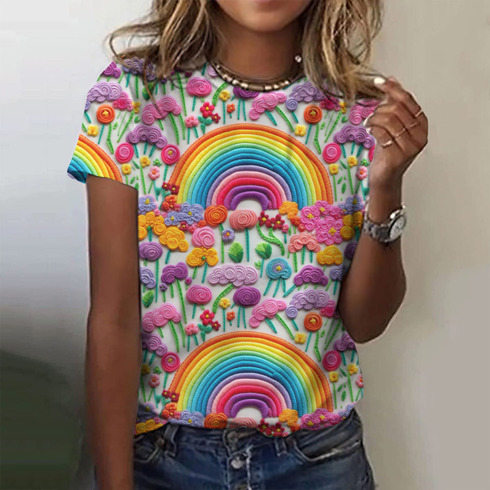 Floral Print Women's T-shirt Short Sleeve Casual Round Neck T-shirt Summer Ladies