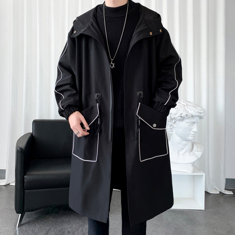 Men's Long Below The Knee Loose Casual Large Contrast Color Stripe Hooded Jacket