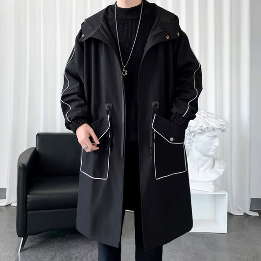 Men's Long Below The Knee Loose Casual Large Contrast Color Stripe Hooded Jacket