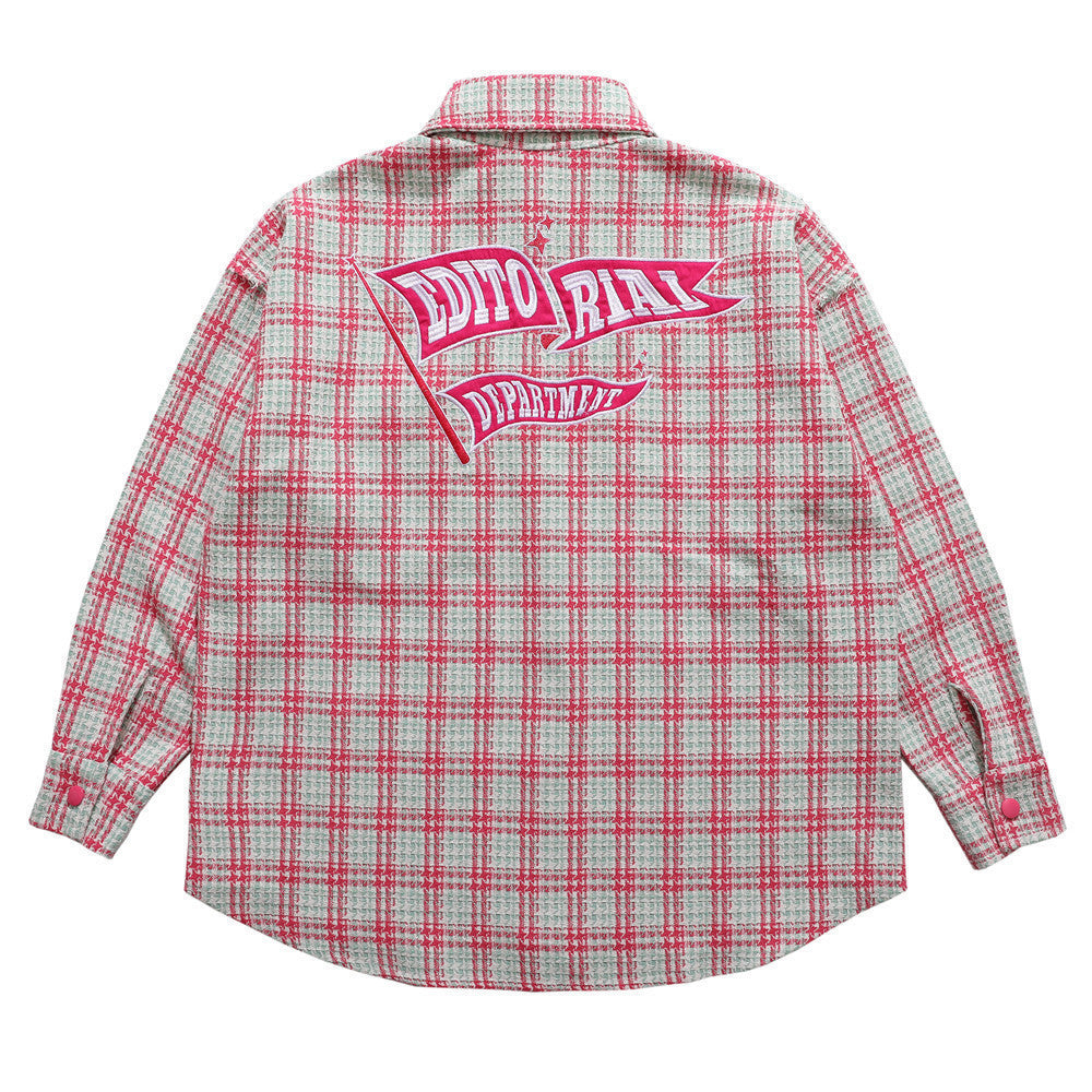 Letter Embroidery Men's Street Lapel Long Sleeve Shirt Autumn Loose Fine Plaid Shirt