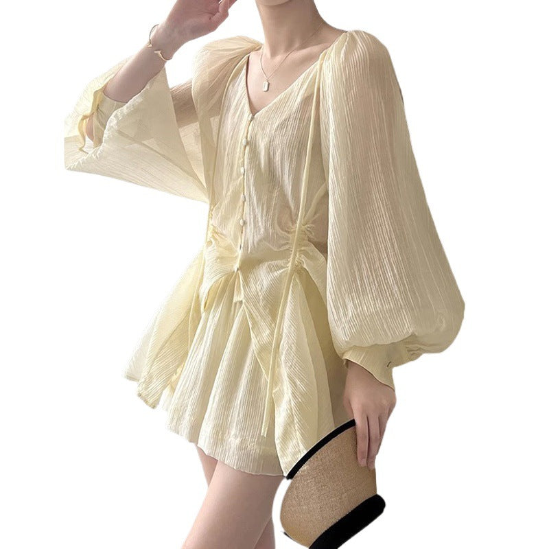 Korean-style V-neck Lace-up Shirt And Wide-leg Shorts Two-piece Set For Women