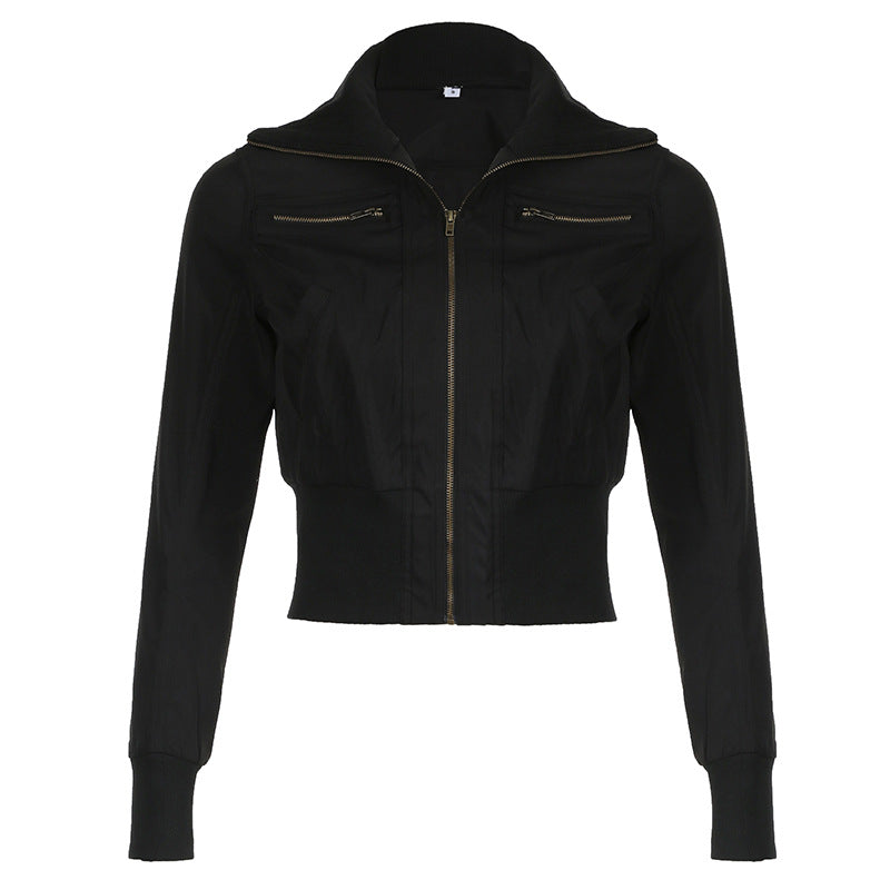 American-style Waist-tight Slimming Zipper Cardigan Woven Turtleneck Solid Color Coat