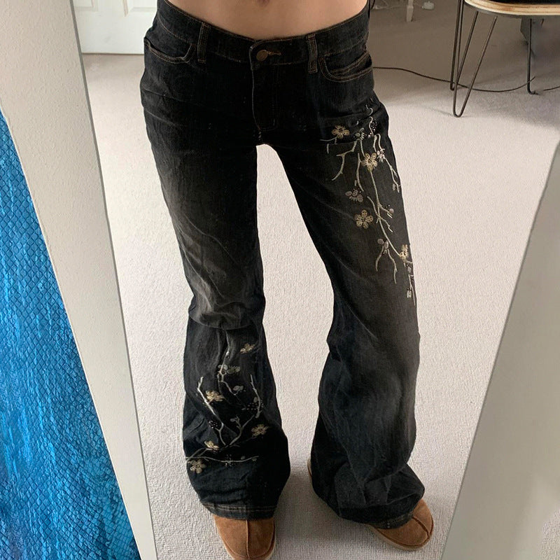 Retro Chinese Plant Flower Embroidery Washed Wear-white Low Waist Straight Skinny Jeans