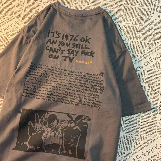 Ny vintage tegneserie bogstavprint løs kortærmet T-shirt til kvinder