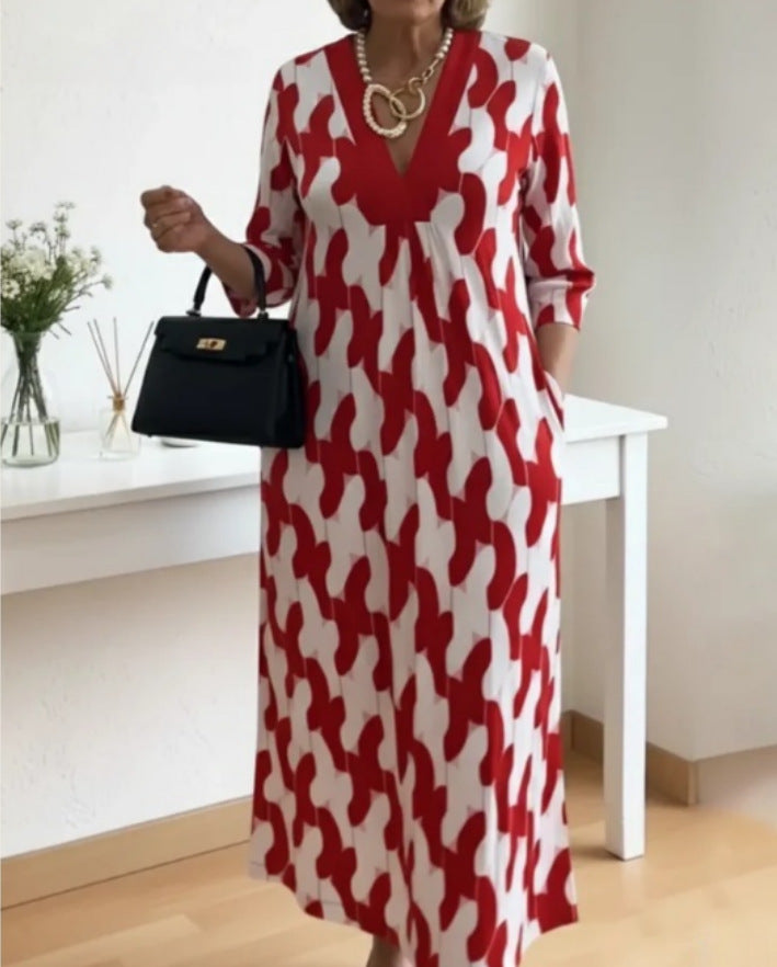 Womens V-neck Printed Dress Loose Fit For Comfort And Ease