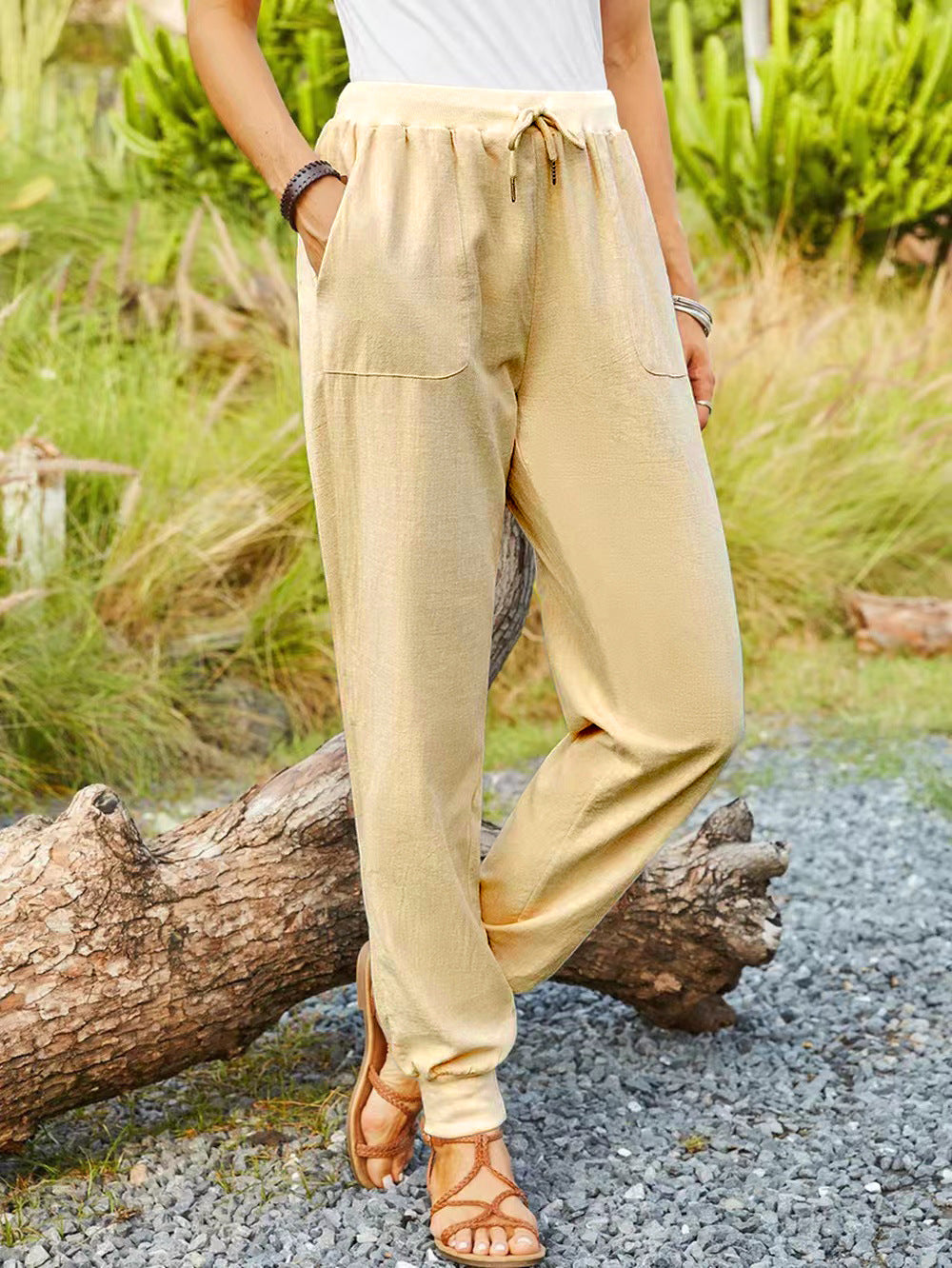 Casual Elastic Cotton And Linen Pants