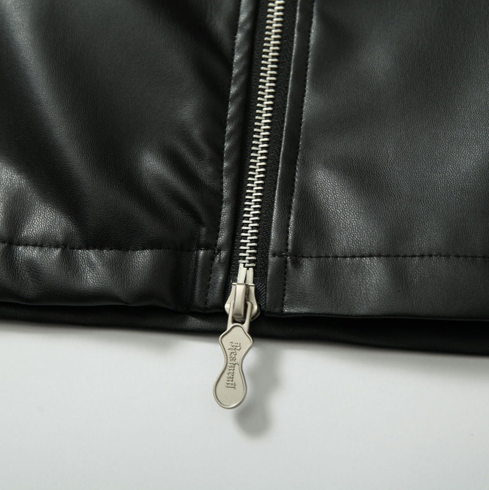 American Retro Plaid Short Stitching Leather Jacket