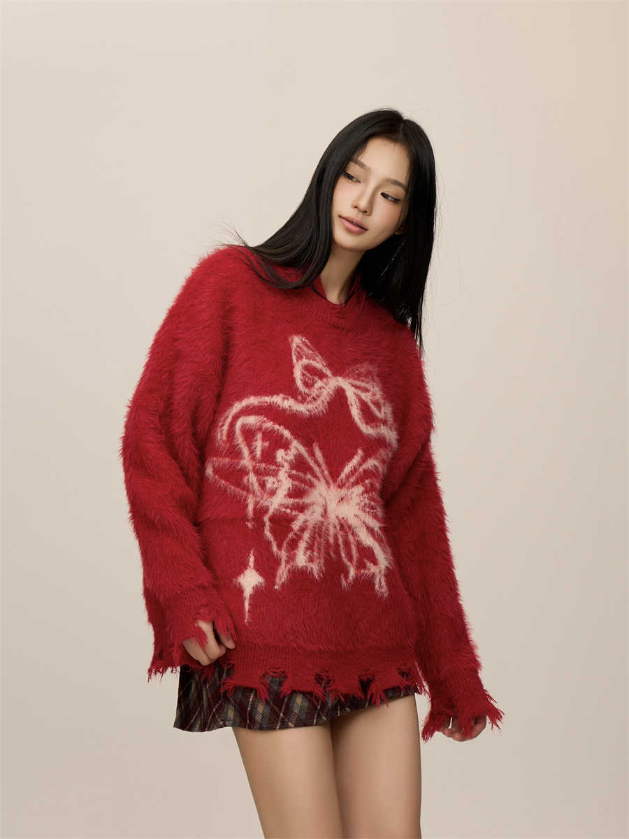 Sommerfugle-jacquard uldsweater med minklignende finish til jul og nytår