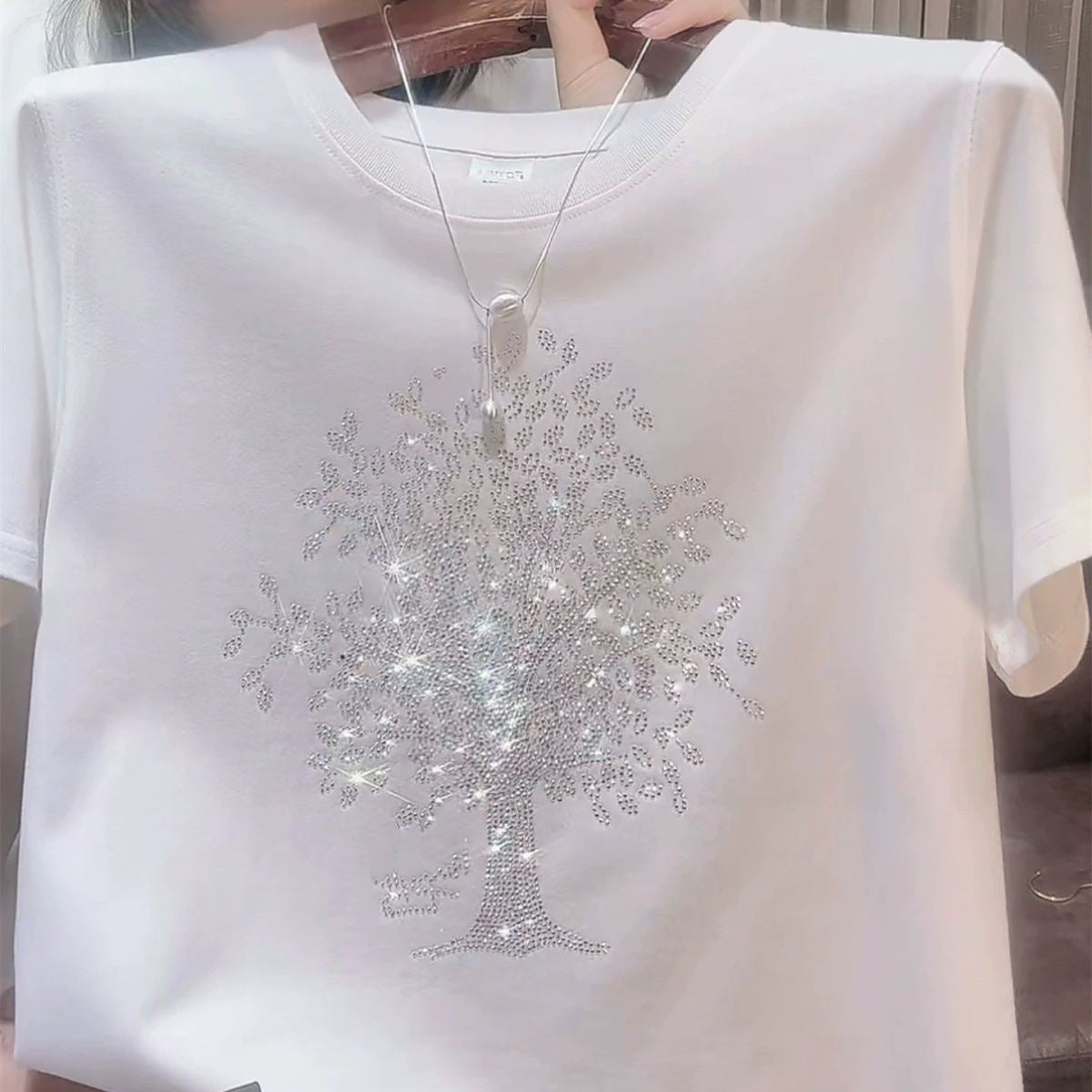 Combed Cotton Rhinestone Hot Fixed Short Sleeve T-shirt