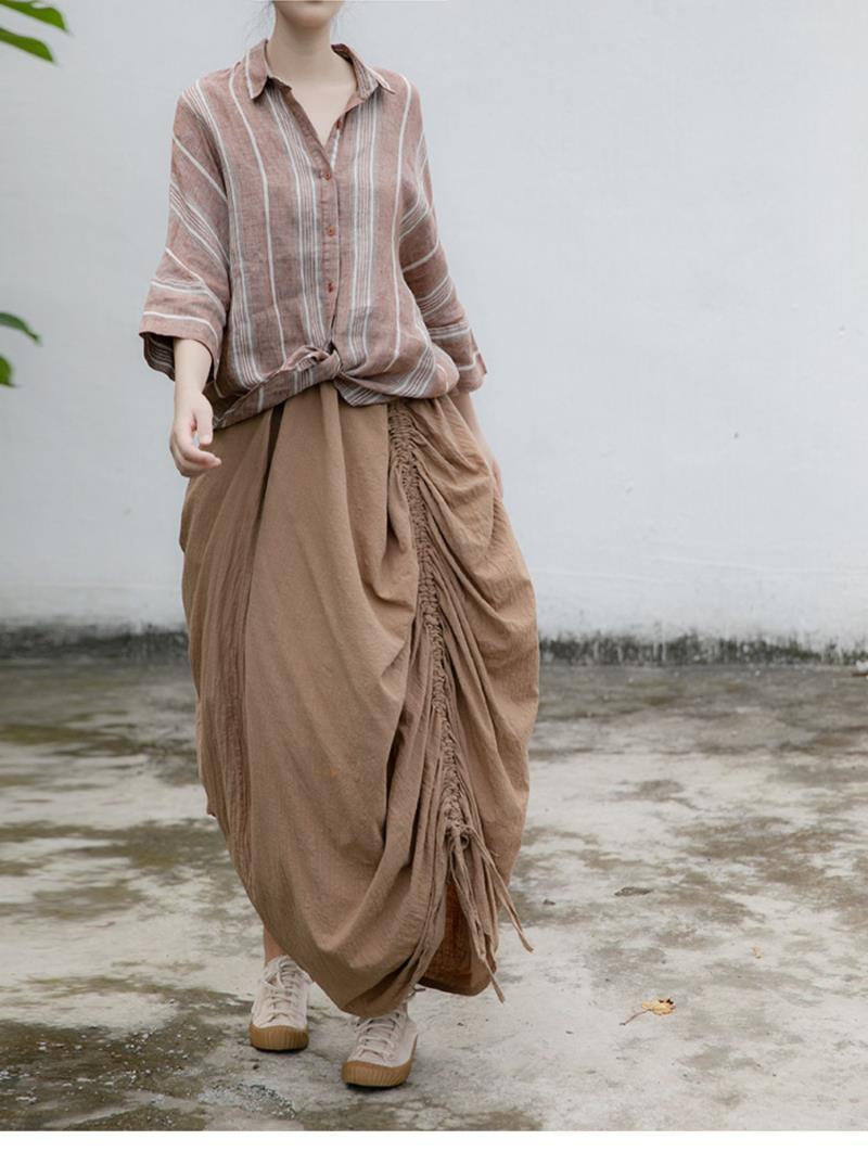 Irregular Drawstring Lace Linen Long Skirt Travel Loose Slimming Distressed