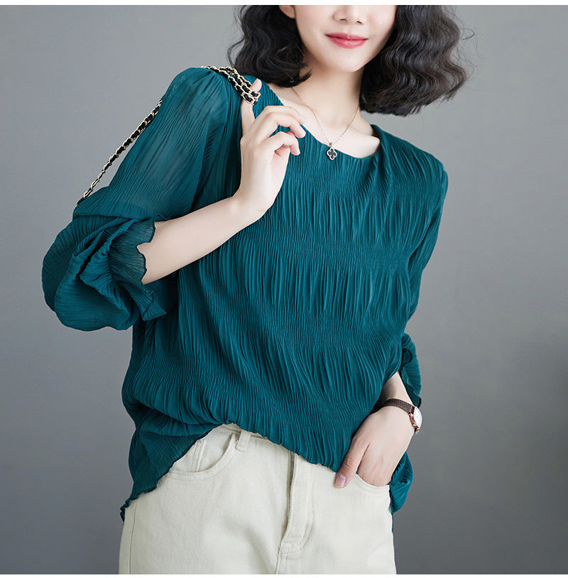 Pleated Bell Sleeve Chiffon Shirt Loose Long Sleeve Top