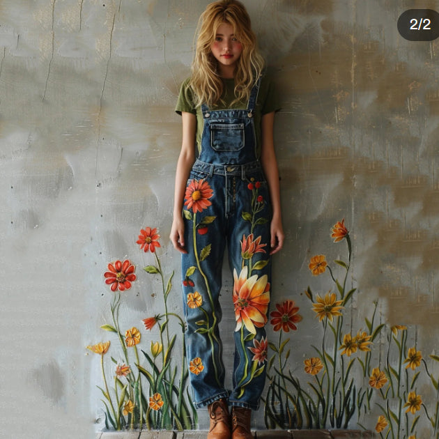 Vintage Plant Floral Art Print Denim Jumpsuit