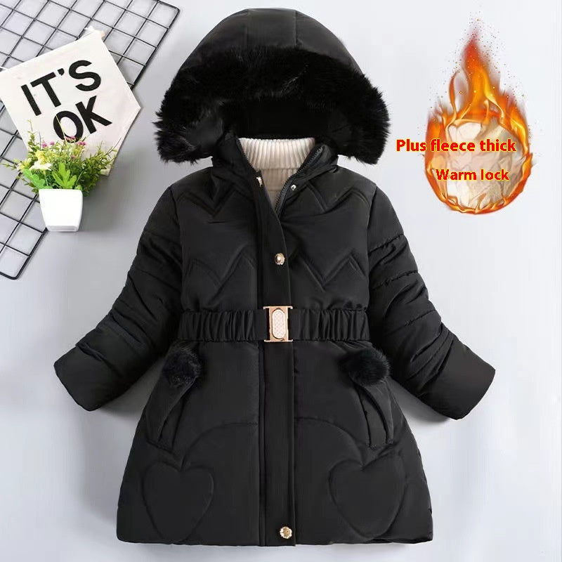 Girls' Mid-length Fleece-lined Thickened Cotton Coat