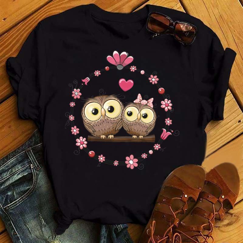 Owl Cute Cartoon Print Short Sleeve