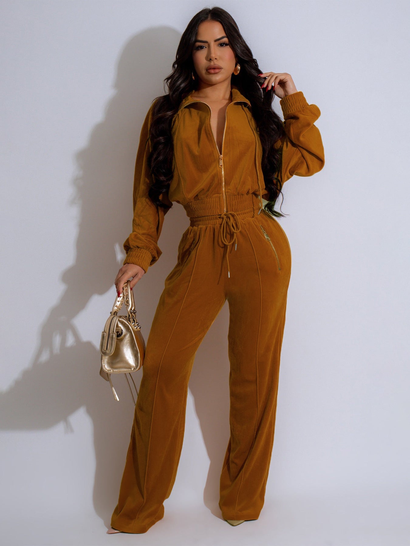 Womens Long-Sleeve Lapel Zip-Up Cardigan And Trousers Winter Two-Piece Set