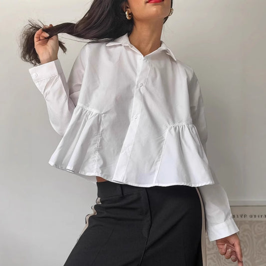 French-style Relaxed-fit White Lapel Shirt For Women
