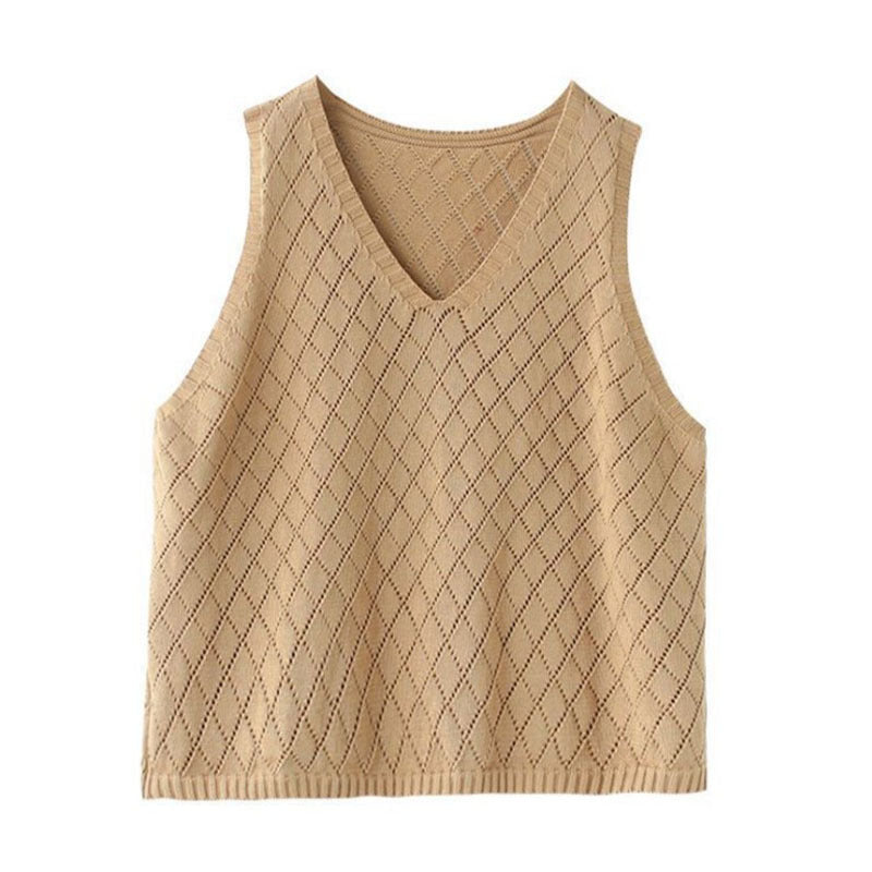 Womens Retro Loose-Neck Hollow-Out Knitted Vest