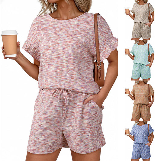 Summer Crew Neck Pullover Ruffle Sleeve Drawstring Pocket Shorts Set