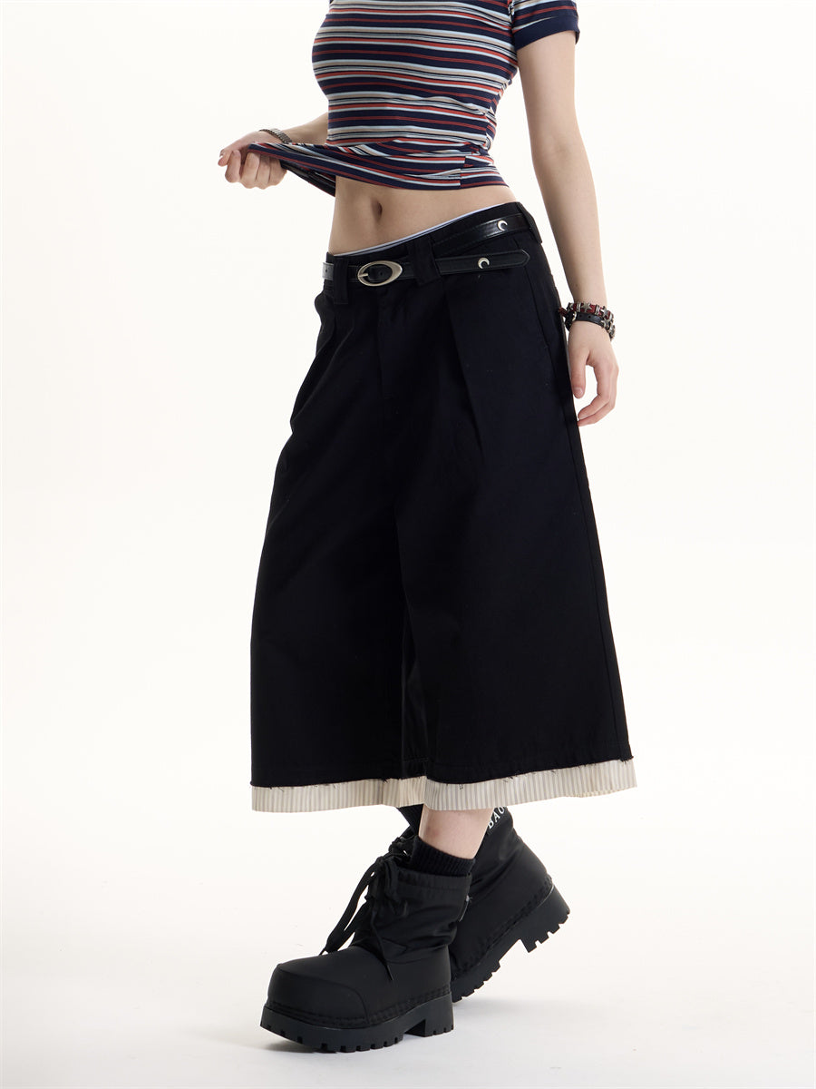 American Retro Hot Girl Patchwork Stripes Pleated Casual Shorts