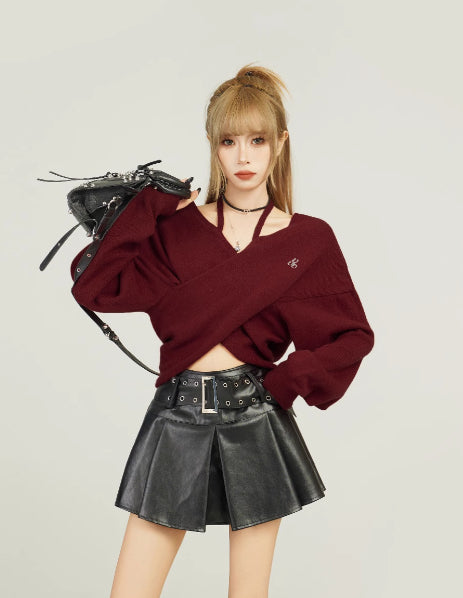 Wine Red V-neck Off-shoulder Short Sweater For Women